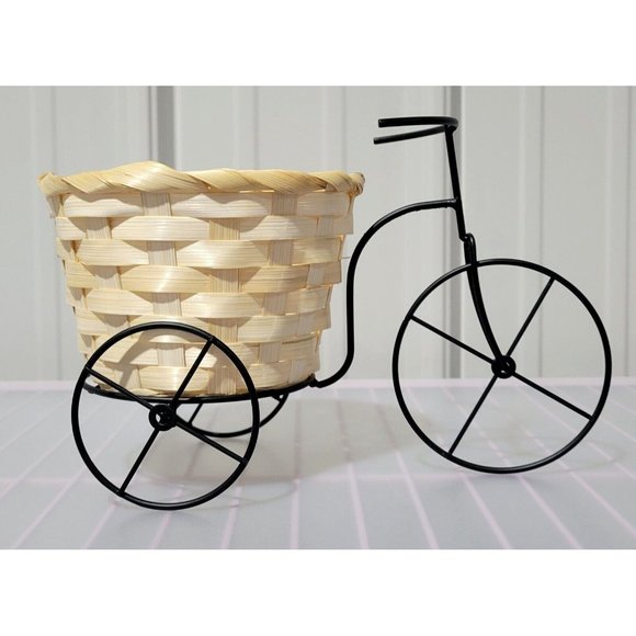 Tricycle Shaped Black Metal Frame & Wicker Basket Home Decor Planter 9" Length - Picture 4 of 9